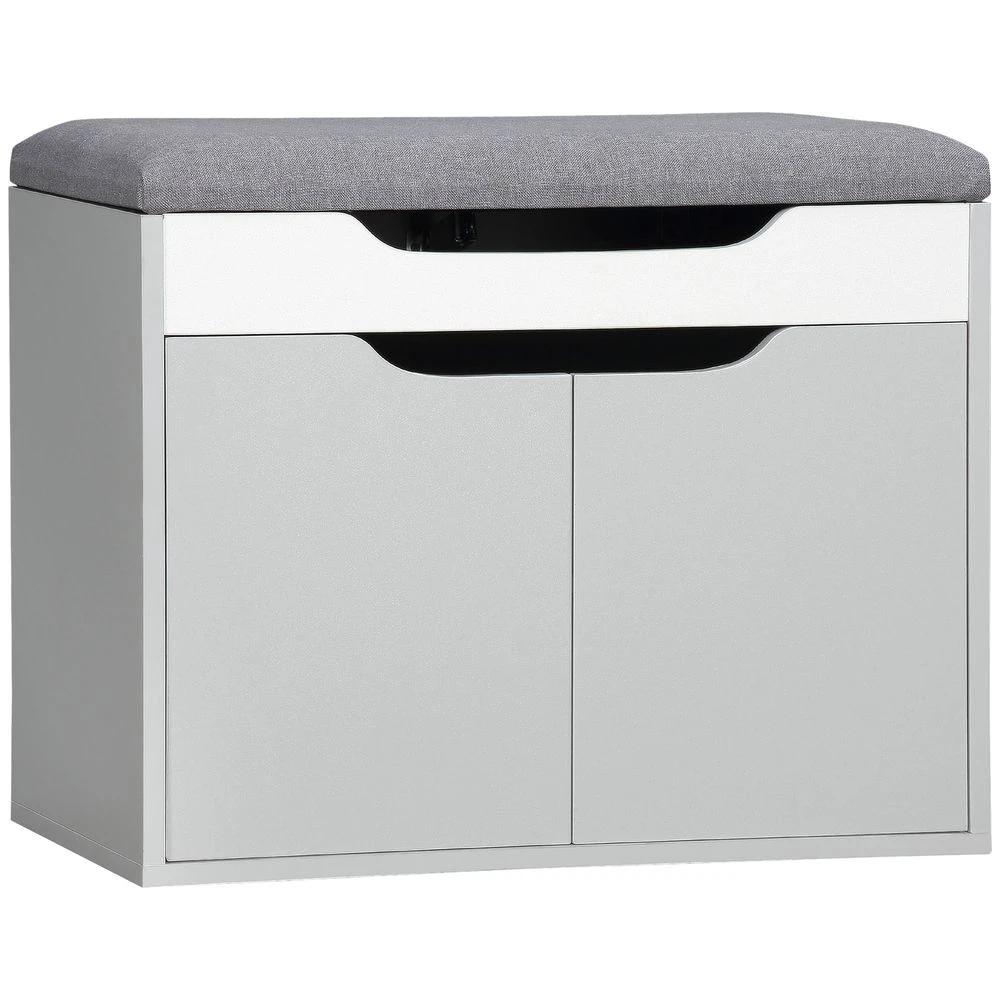 Shoe Storage Bench w/ Cabinet Adjustable Shelf and Cushion for Entryway Grey by HOMCOM
