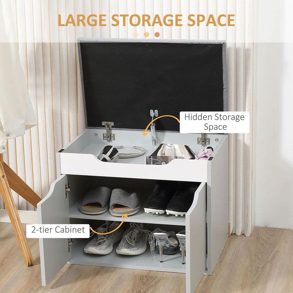Shoe Storage Bench w/ Cabinet Adjustable Shelf and Cushion for Entryway Grey by HOMCOM