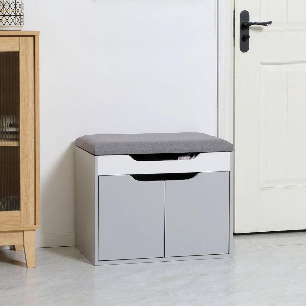 Shoe Storage Bench w/ Cabinet Adjustable Shelf and Cushion for Entryway Grey by HOMCOM