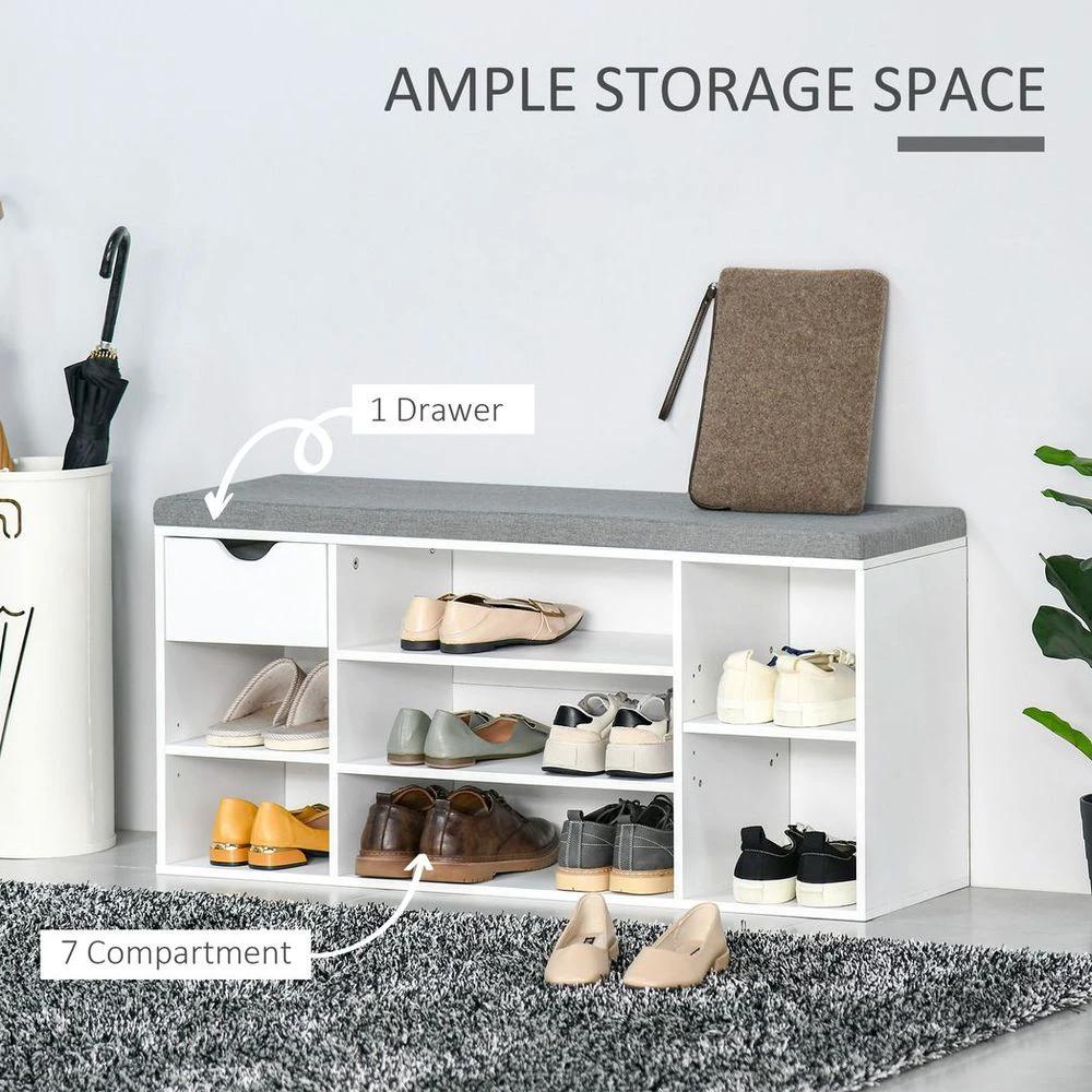 Shoe Storage Cabinet Bench w/ Cushion Adjustable Shelves White and Grey by HOMCOM