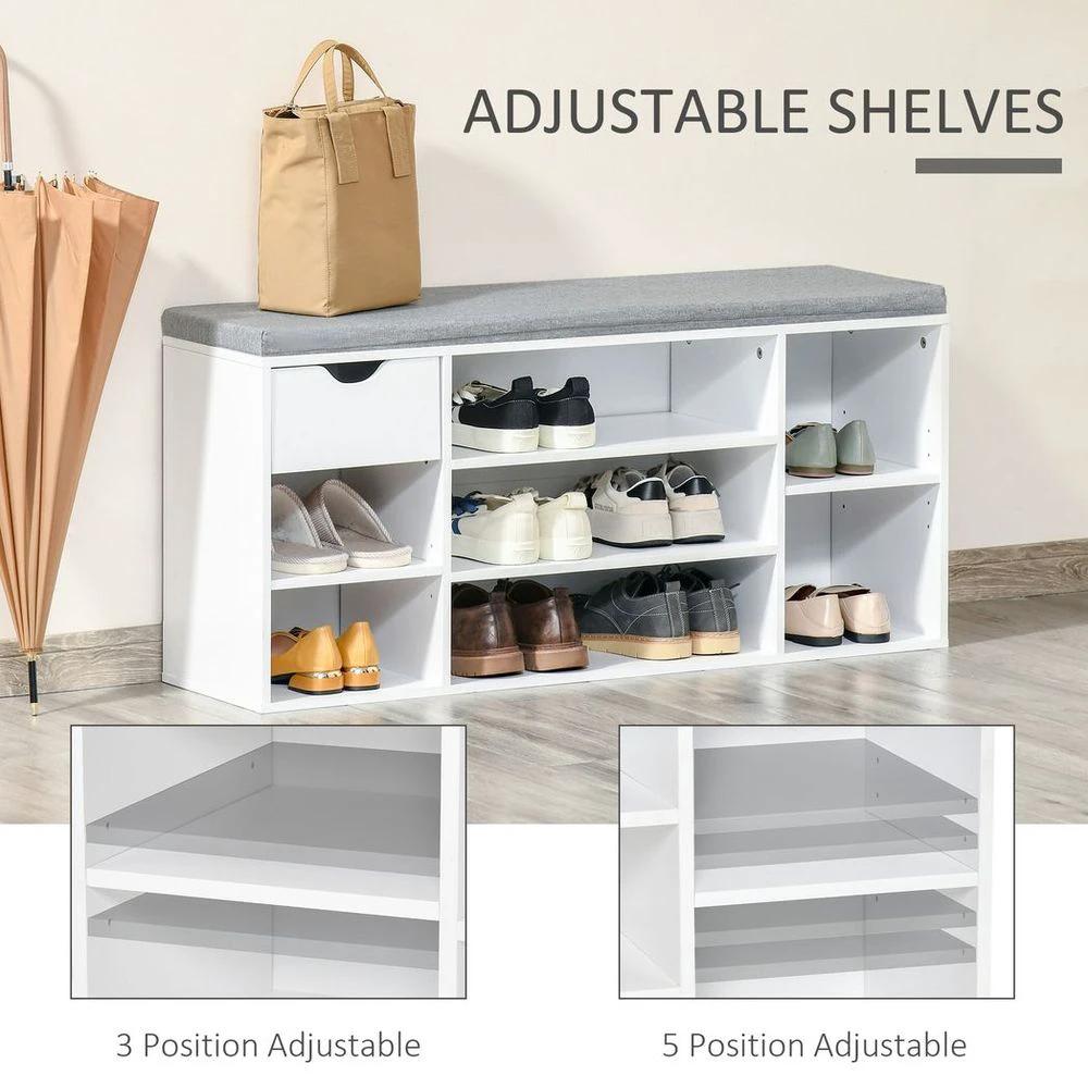 Shoe Storage Cabinet Bench w/ Cushion Adjustable Shelves White and Grey by HOMCOM