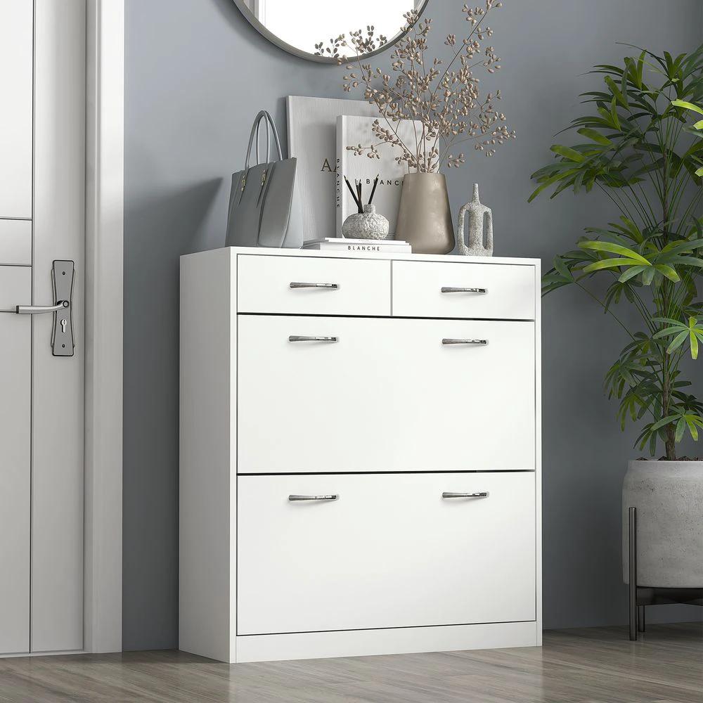 HOMCOM Slim Shoe Cabinet with 2 Flip Drawers for 12 Pairs of Shoes White - Uncategorized Shoe Storage