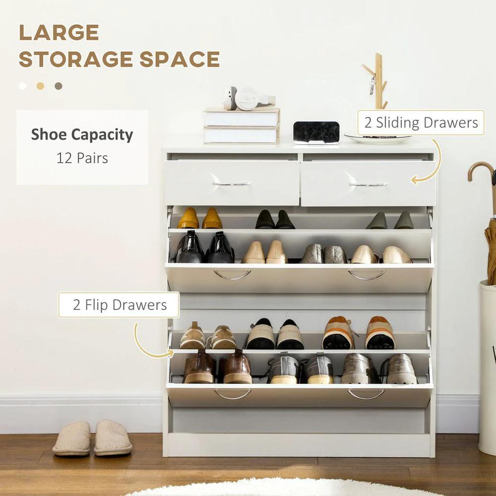HOMCOM Slim Shoe Cabinet with 2 Flip Drawers for 12 Pairs of Shoes White - Uncategorized Shoe Storage