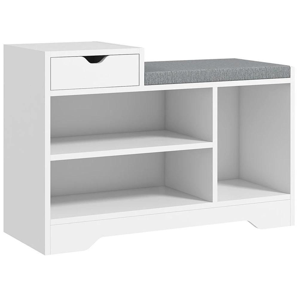 HOMCOM Upholstered Entryway Shoe Bench with Storage Drawer Open Shelf White - Uncategorized Shoe Storage