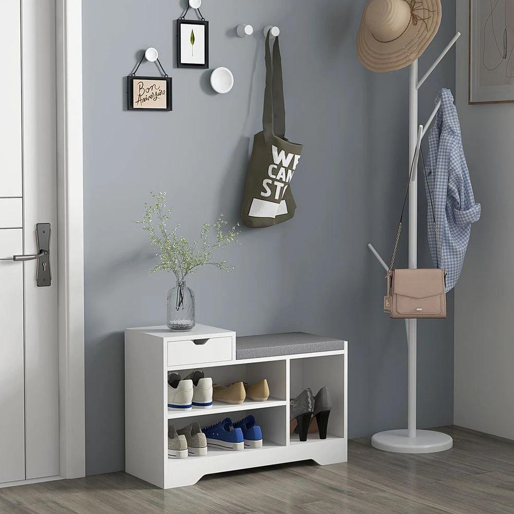 HOMCOM Upholstered Entryway Shoe Bench with Storage Drawer Open Shelf White - Uncategorized Shoe Storage