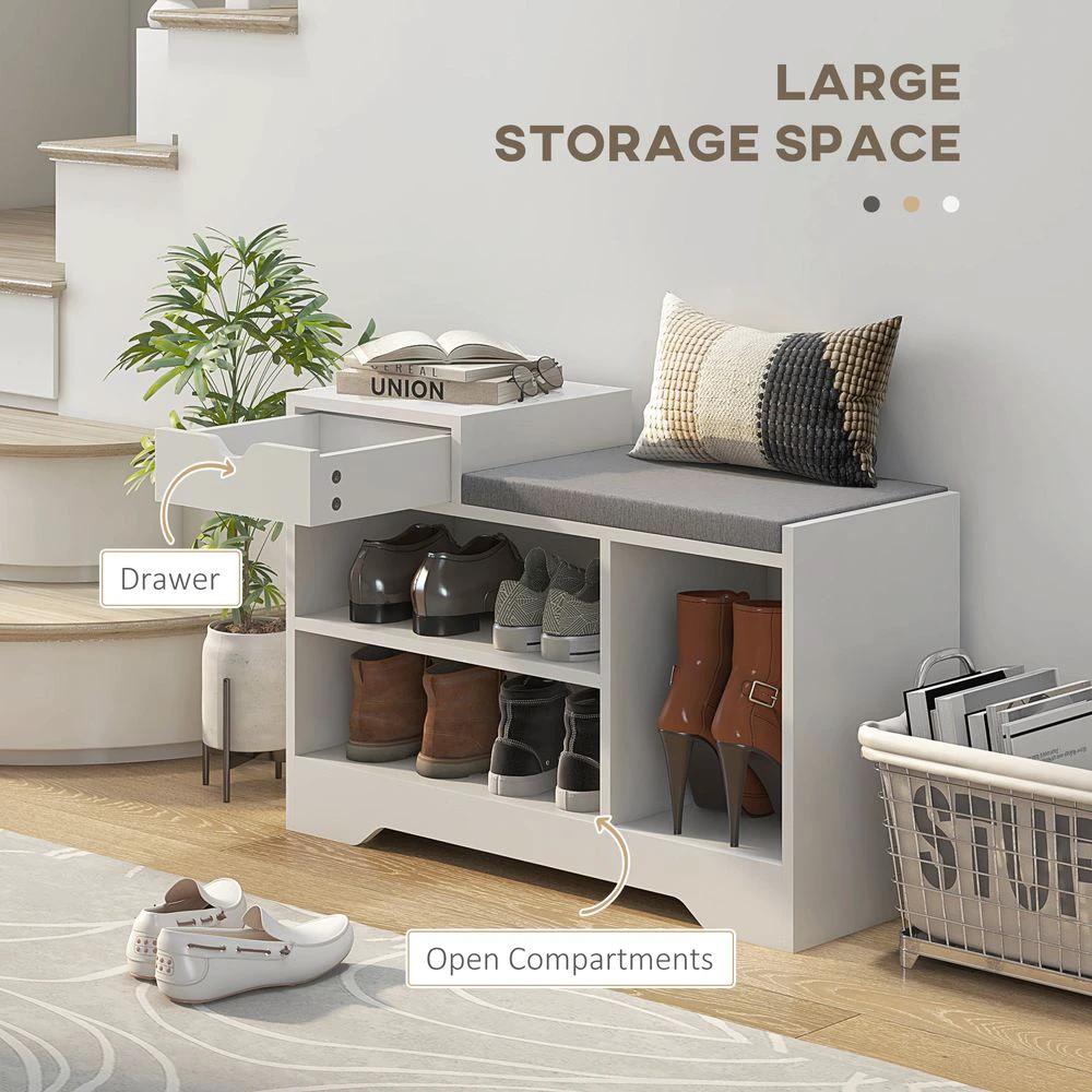 HOMCOM Upholstered Entryway Shoe Bench with Storage Drawer Open Shelf White - Uncategorized Shoe Storage