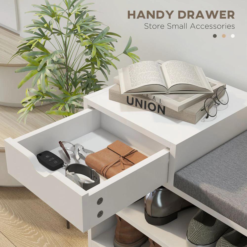 HOMCOM Upholstered Entryway Shoe Bench with Storage Drawer Open Shelf White - Uncategorized Shoe Storage