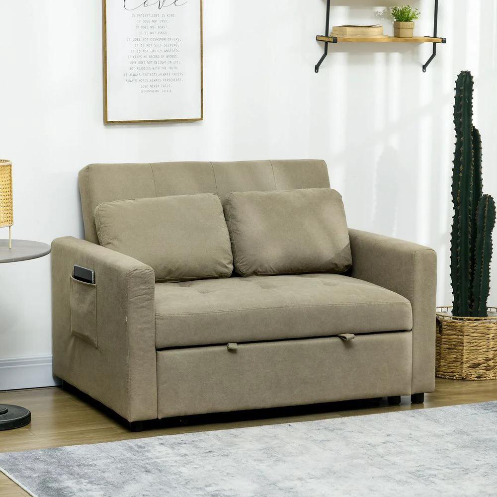 2 Seater Homcom Sofa Bed Convertible Bed Settee with Cushions, Pockets, Brown by HOMCOM