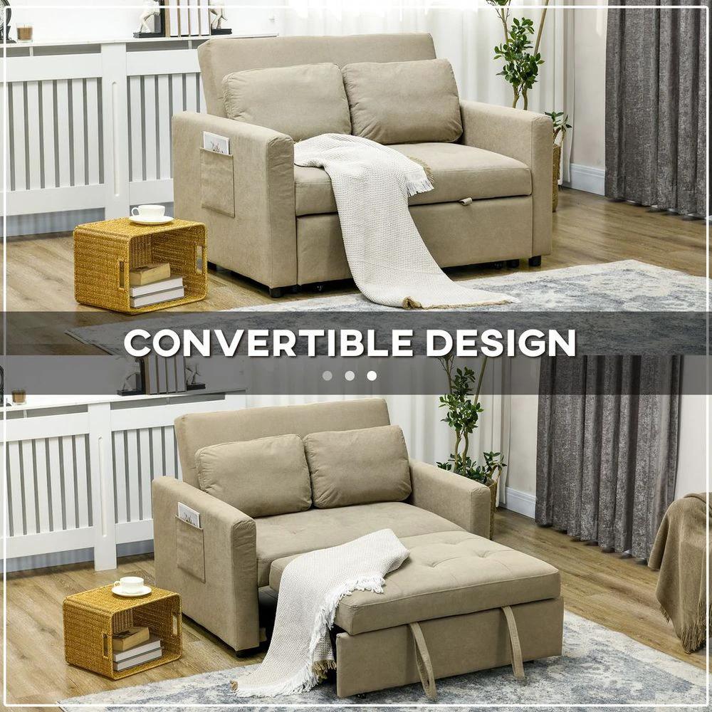 2 Seater Homcom Sofa Bed Convertible Bed Settee with Cushions, Pockets, Brown by HOMCOM