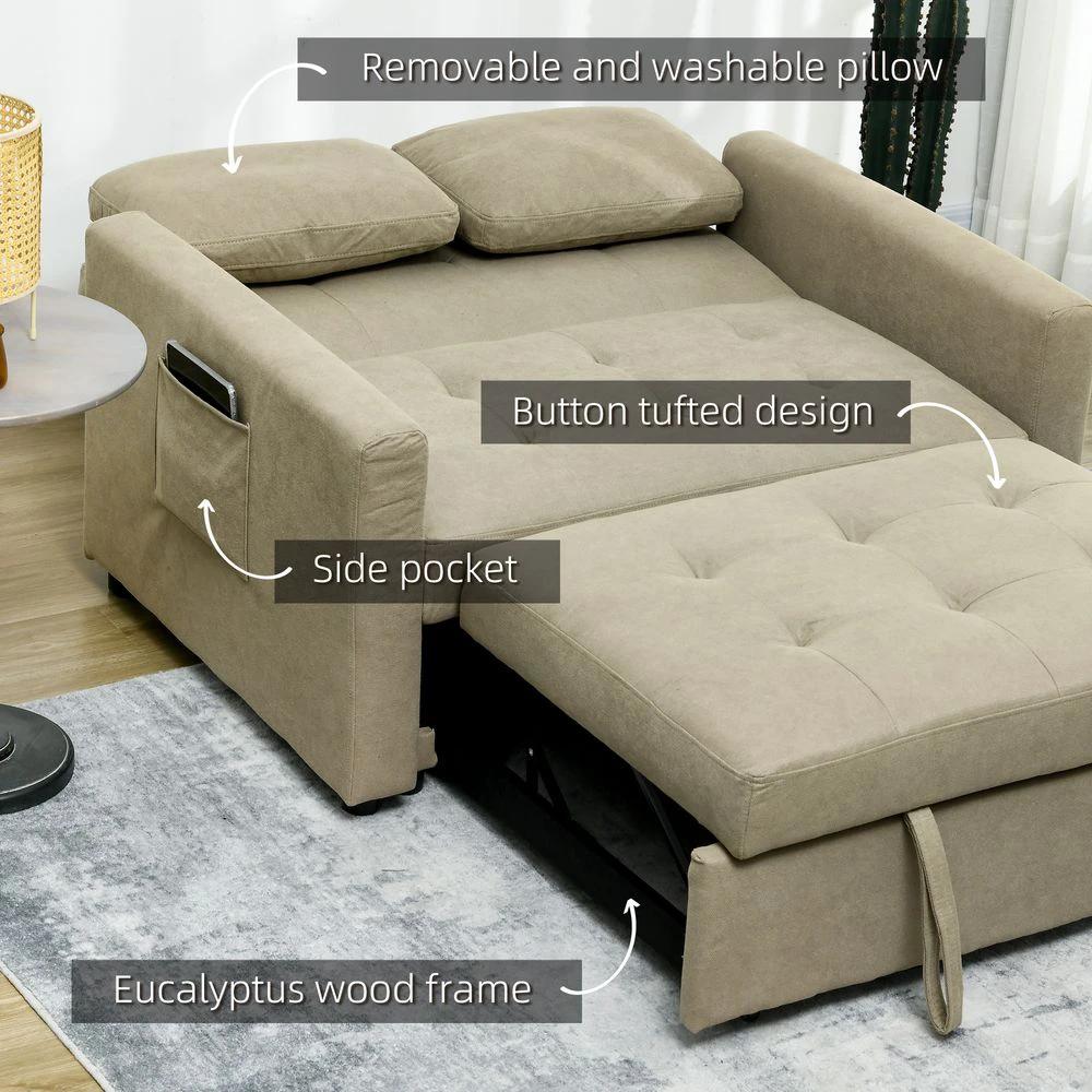 2 Seater Homcom Sofa Bed Convertible Bed Settee with Cushions, Pockets, Brown by HOMCOM