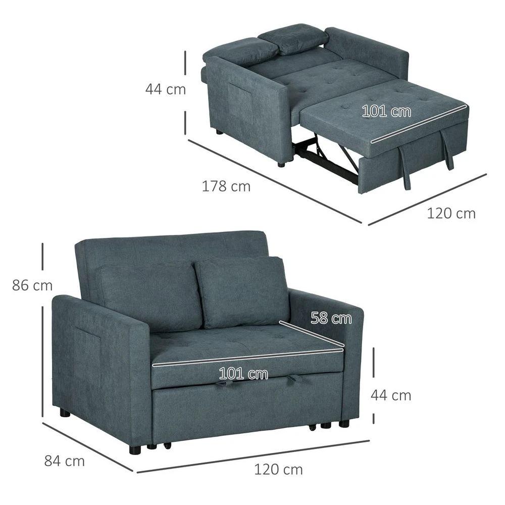 2 Seater Homcom Sofa Bed Convertible Bed Settee with Cushions, Pockets, Grey by HOMCOM