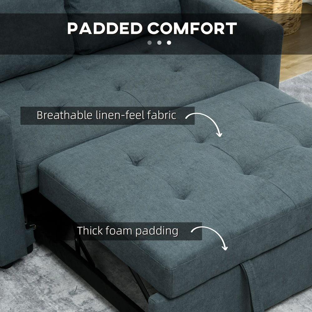 2 Seater Homcom Sofa Bed Convertible Bed Settee with Cushions, Pockets, Grey by HOMCOM