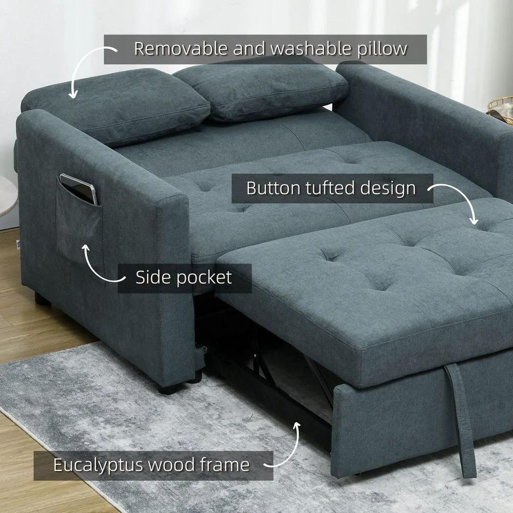 2 Seater Homcom Sofa Bed Convertible Bed Settee with Cushions, Pockets, Grey by HOMCOM