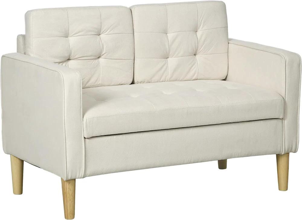 HOMCOM Compact Loveseat Sofa 2 Seater Sofa with Storage and Wood Legs Cream - Uncategorized Sofa Bed