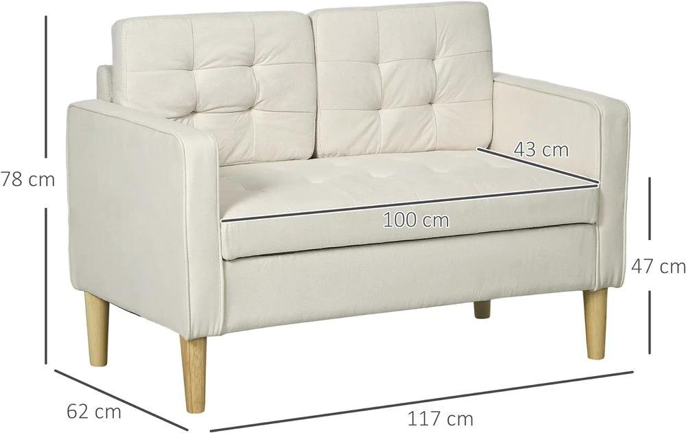 HOMCOM Compact Loveseat Sofa 2 Seater Sofa with Storage and Wood Legs Cream - Uncategorized Sofa Bed