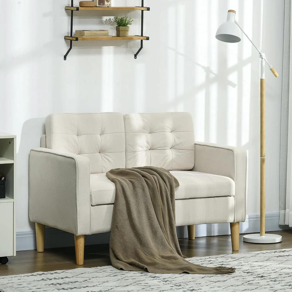HOMCOM Compact Loveseat Sofa 2 Seater Sofa with Storage and Wood Legs Cream - Uncategorized Sofa Bed