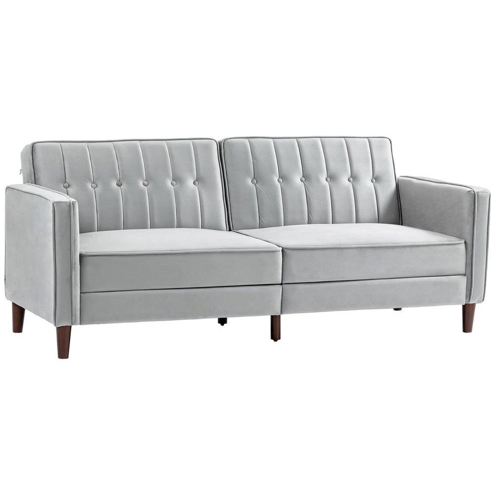 Convertible Sofa Futon Velvet-Touch Tufted Couch Sofa Bed Split Back Grey by HOMCOM