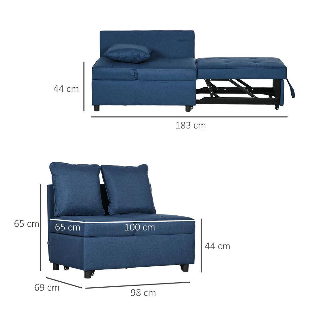Folding Sleeper Sofa Bed Chair with Pillows, Pocket, Blue by HOMCOM