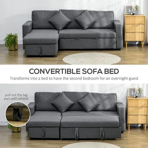 HOMCOM HOMCOM Corner Sofa Bed with Storage, 3 Seater Pull Out Sofa Bed, Dark Grey - Sofa Bed