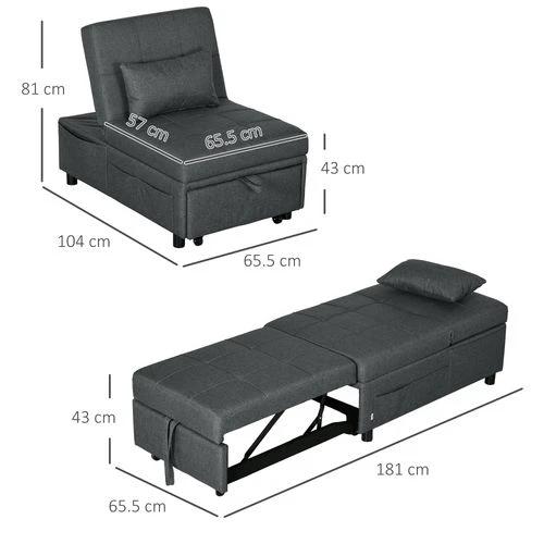 HOMCOM HOMCOM Folding Sofa Bed Adjustable Single Sleeper w/ Pillow Side Pocket, Grey - Sofa Bed