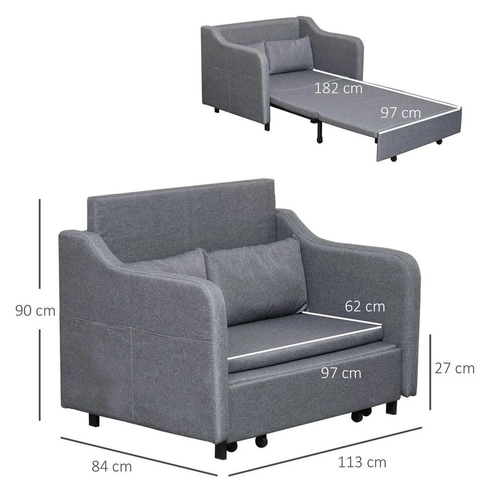 Pull Out Sofa Bed, Fabric 2 Seater Sofa Couch for Living Room, Grey by HOMCOM