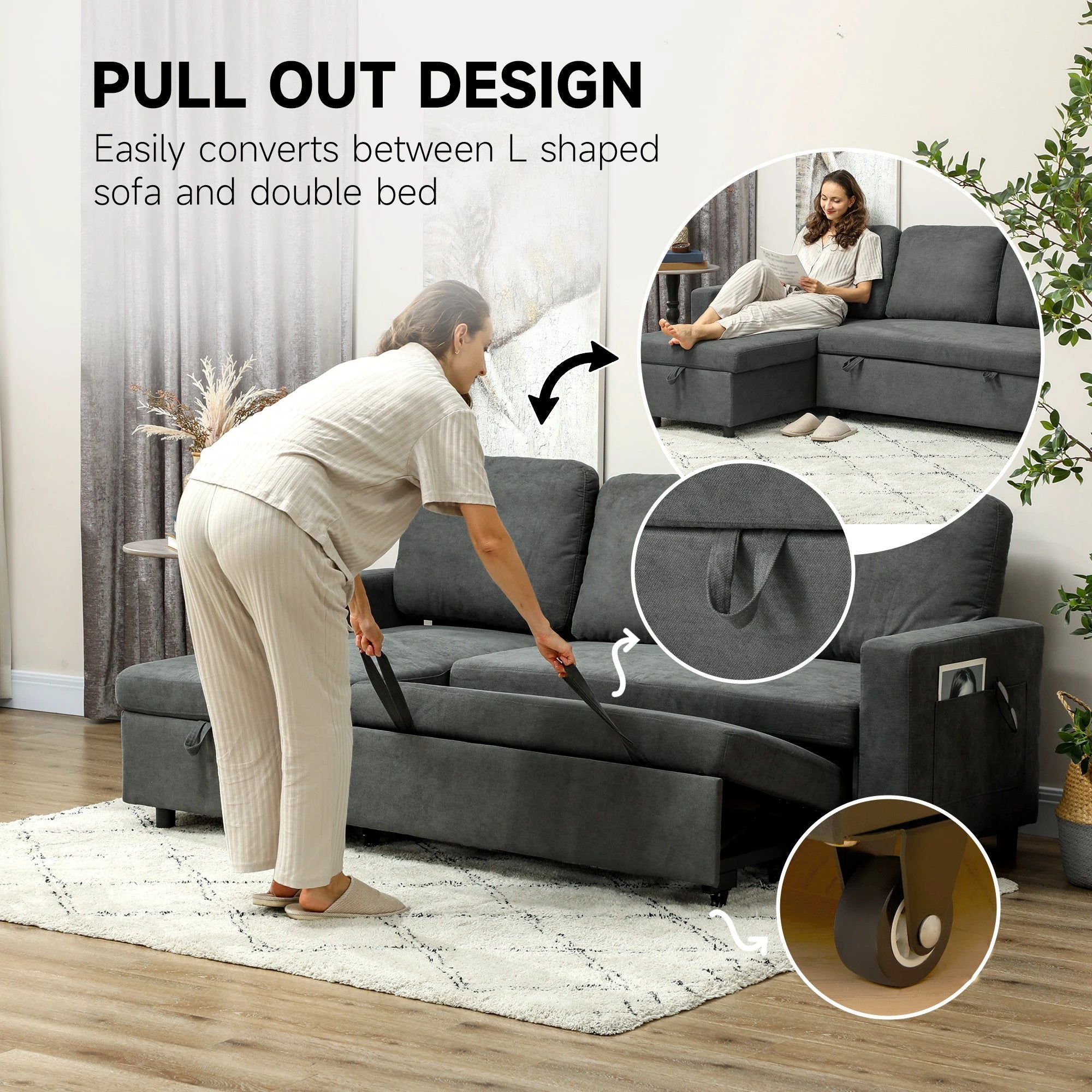 HOMCOM Pull Out Sofa Bed L Shape Corner Sofa w/ Reversible Chaise by HOMCOM