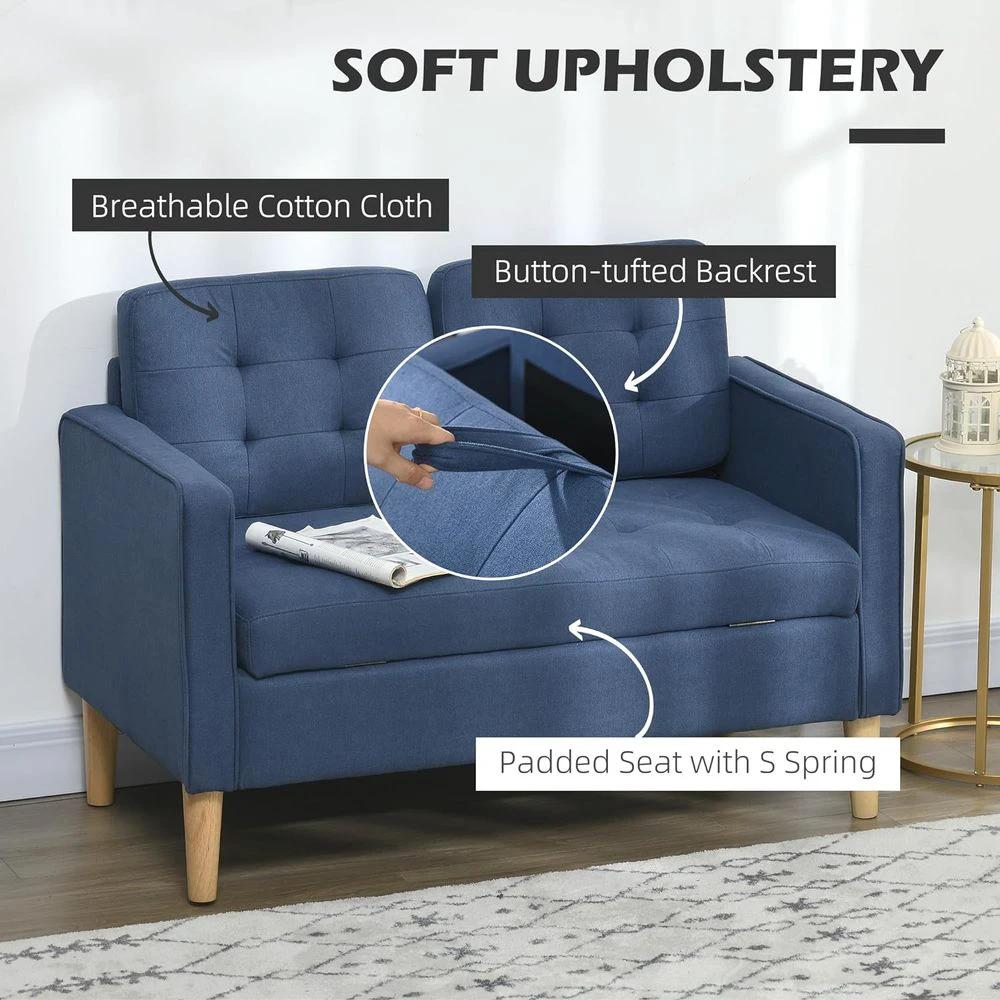 Compact Loveseat Sofa 2 Seater Sofa with Storage and Wood Legs Blue by HOMCOM