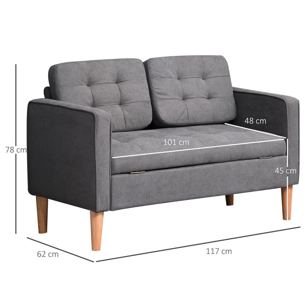 Compact Loveseat Sofa 2 Seater Sofa with Storage and Wood Legs Grey by HOMCOM