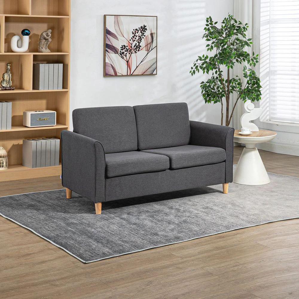 HOMCOM Double Seat Sofa Linen Upholstery Loveseat Couch w/ Armrests, Dark Grey - Uncategorized Sofa
