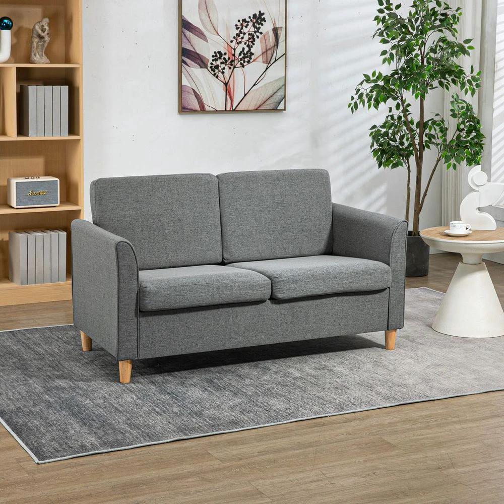 HOMCOM Double Seat Sofa Linen Upholstery Loveseat Couch w/ Armrests, Grey - Uncategorized Sofa