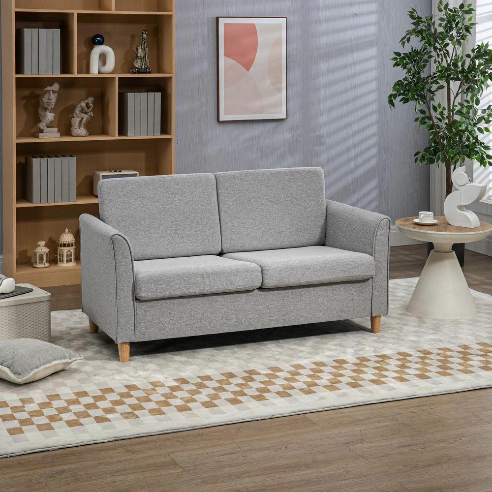HOMCOM Double Seat Sofa Linen Upholstery Loveseat Couch w/ Armrests, Light Grey - Uncategorized Sofa