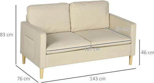 HOMCOM 2 Seater Sofa Modern Fabric Couch with Wood Legs and 2 Pockets Beige - Sofa