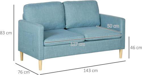 HOMCOM 2 Seater Sofa Modern Fabric Couch with Wood Legs and 2 Pockets Blue by HOMCOM