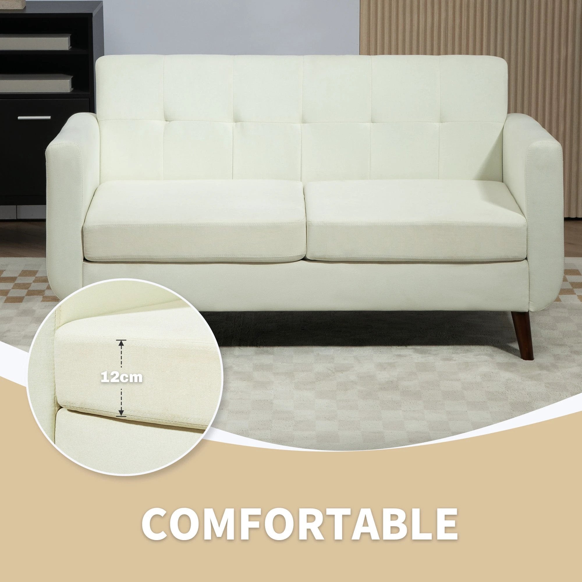 HOMCOM Modern Upholstered Fabric Loveseat Sofa for Living Room, Cream - Sofa