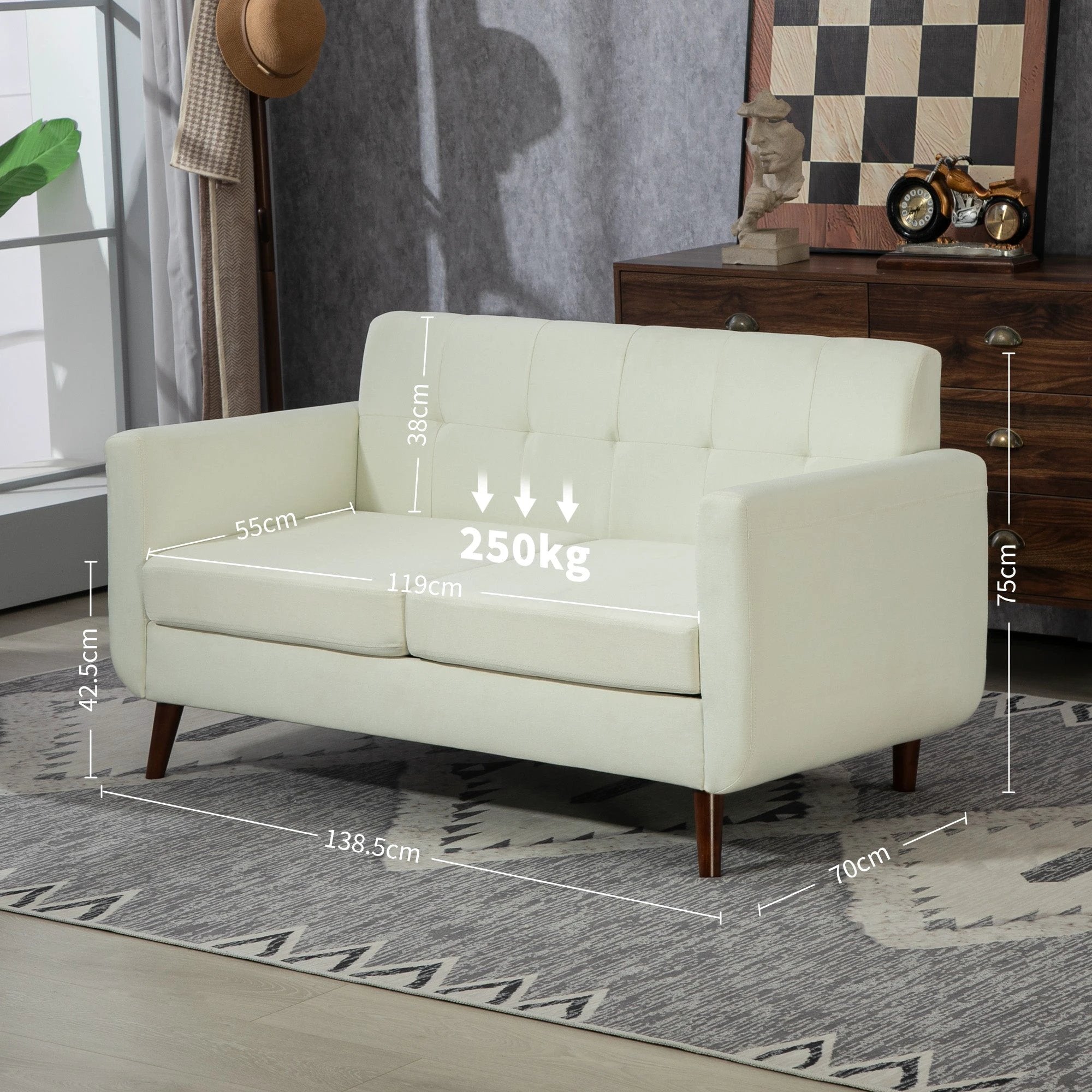 HOMCOM Modern Upholstered Fabric Loveseat Sofa for Living Room, Cream - Sofa