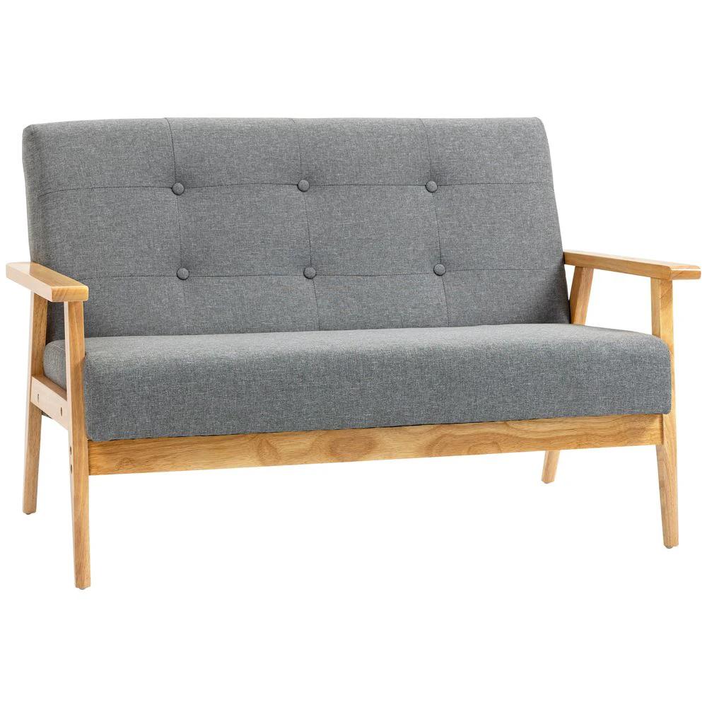 HOMCOM Modern 2-Seater Sofa Upholstery Couch with Rubber Wood Legs Dark Grey - Uncategorized Sofa