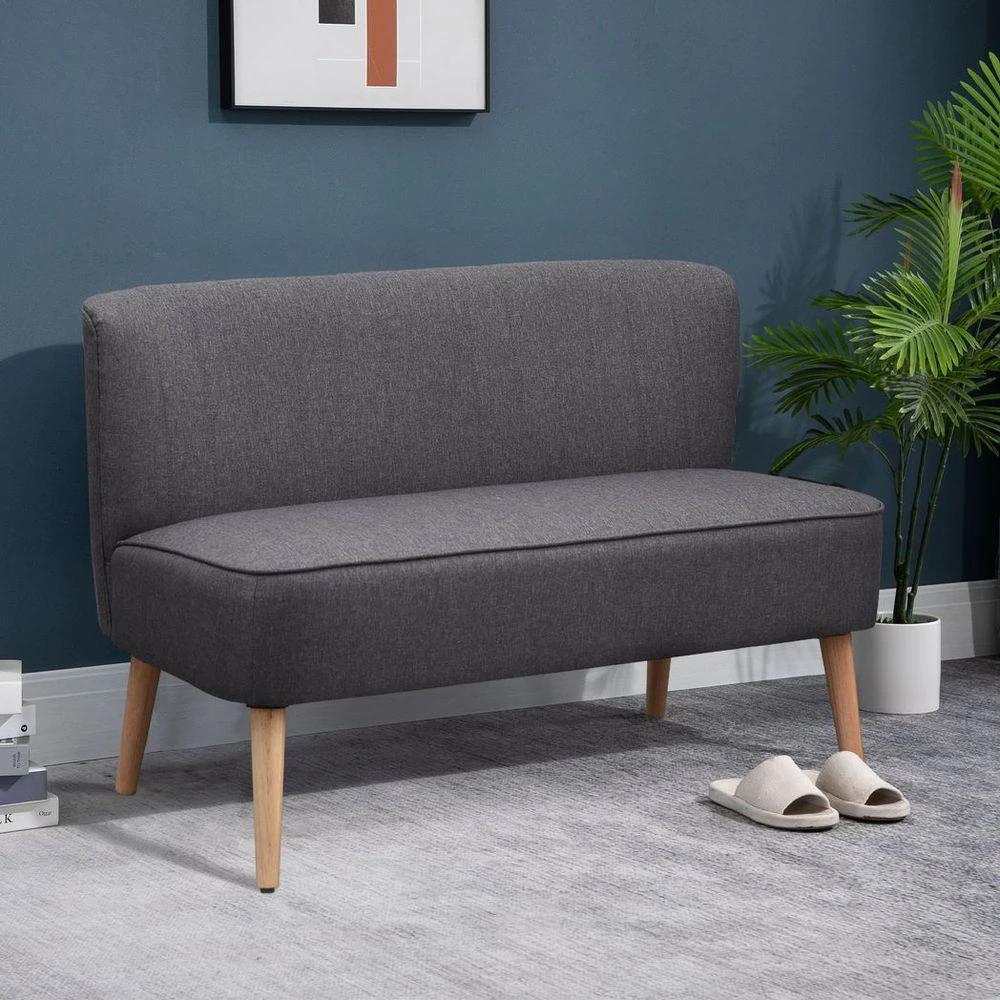 HOMCOM Modern Double Seat Sofa Loveseat Couch Padded Linen Wood Legs, Dark Grey - Uncategorized Sofa