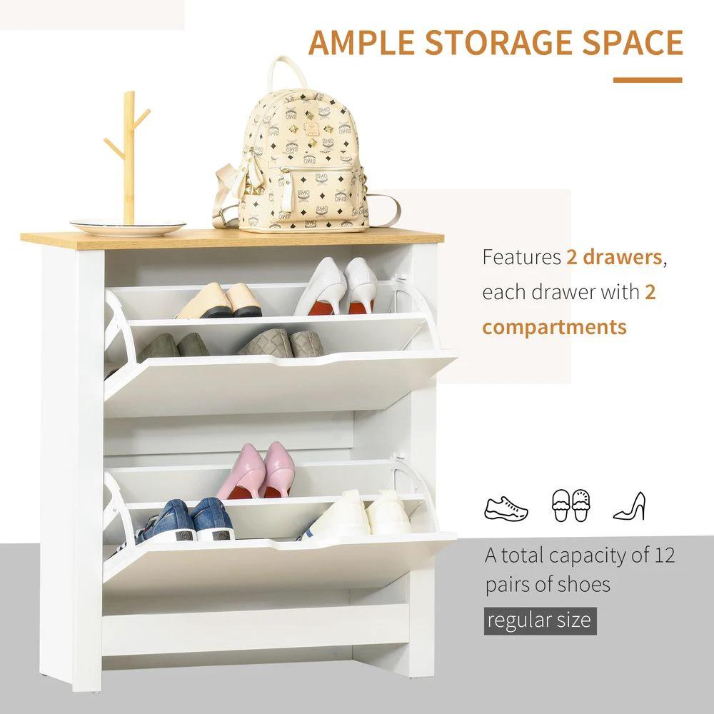 12-Shoe Storage Cabinet Homcom4 Shelves 2 Drawers Tabletop 4 Legs White by HOMCOM