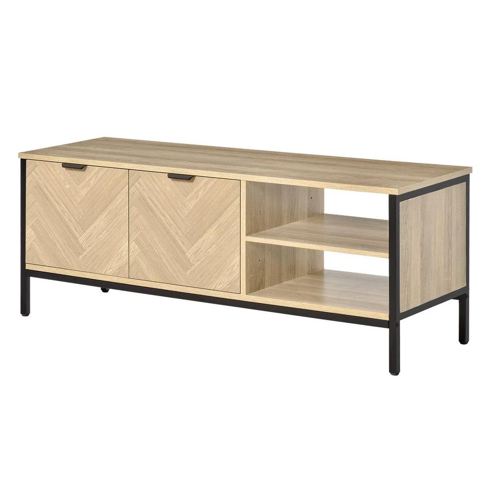 Double Door TV Cabinet Stand with Adjustable Storage Shelves, Natural by HOMCOM