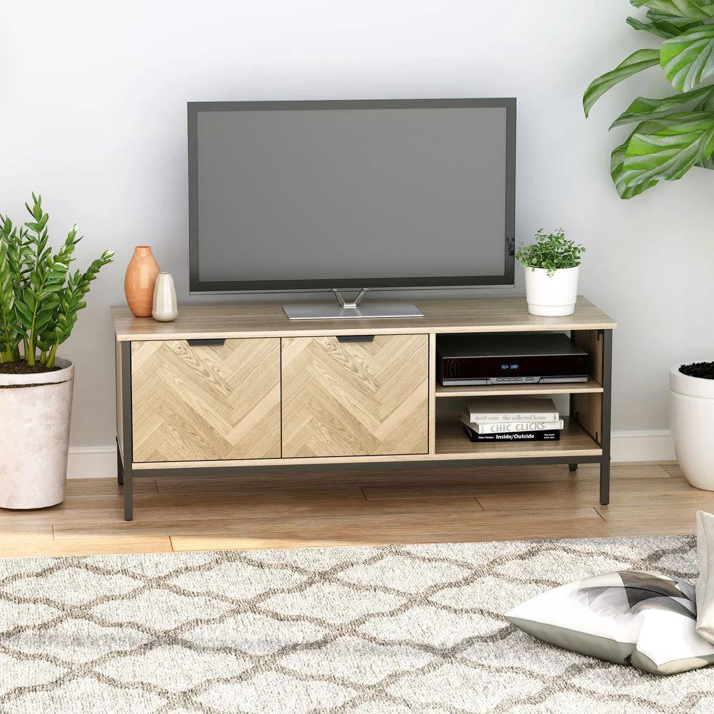 Double Door TV Cabinet Stand with Adjustable Storage Shelves, Natural by HOMCOM