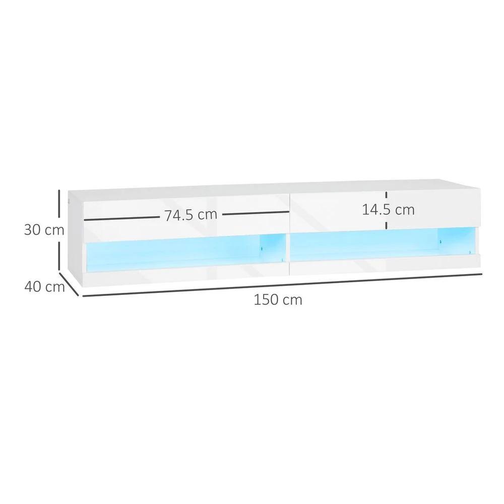 High Gloss TV Stand Unit Wall Mounted with Storage and LED Lights, White by HOMCOM