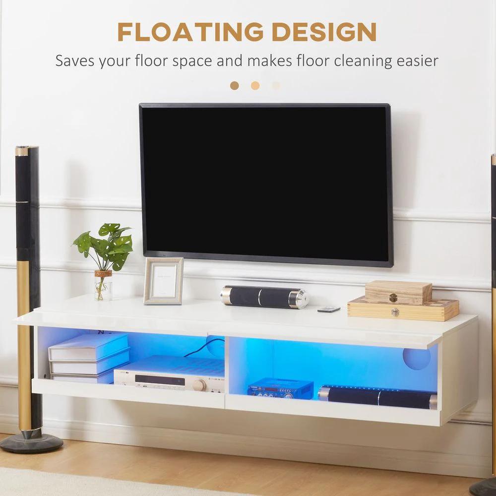 High Gloss TV Stand Unit Wall Mounted with Storage and LED Lights, White by HOMCOM