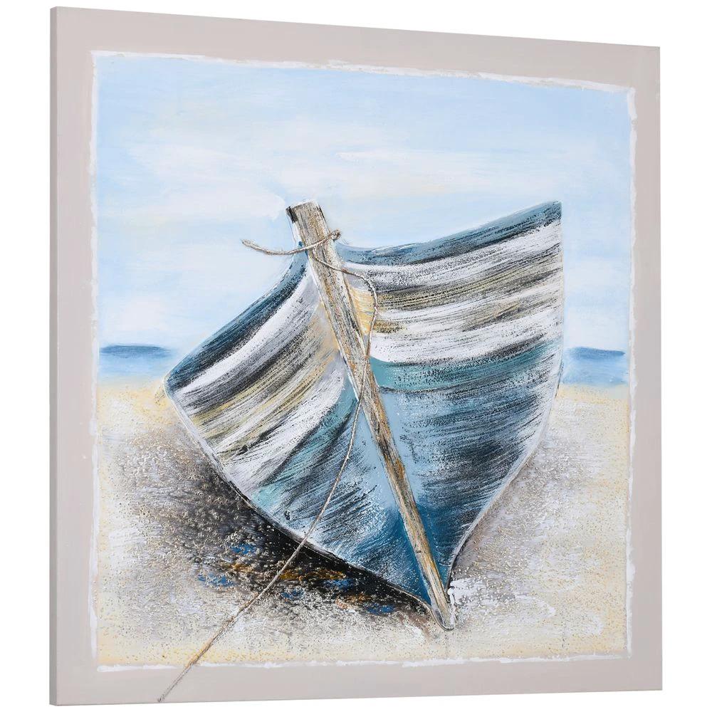 Hand-Painted Wall Art, Canvas Painting Artwork Beach Boat, 90 x 90 cm by HOMCOM