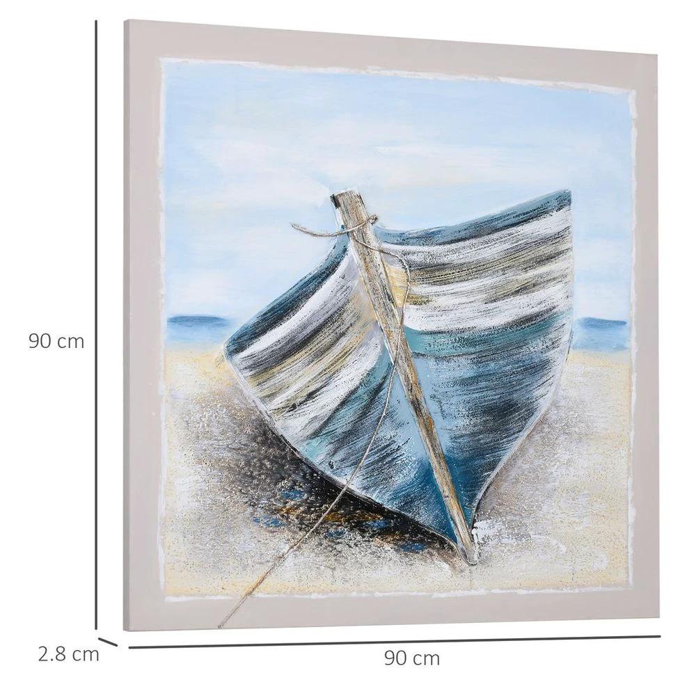 HOMCOM Hand-Painted Wall Art, Canvas Painting Artwork Beach Boat, 90 x 90 cm - Uncategorized Wall Art