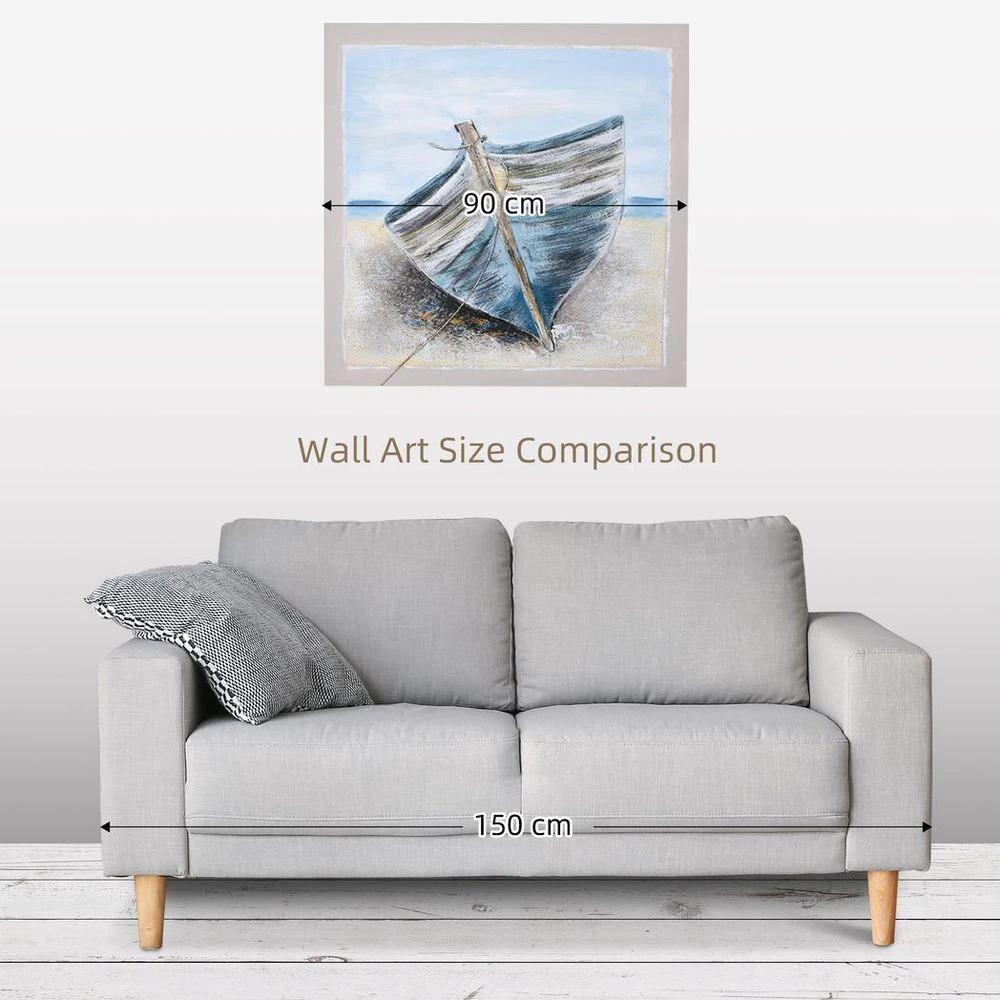 HOMCOM Hand-Painted Wall Art, Canvas Painting Artwork Beach Boat, 90 x 90 cm - Uncategorized Wall Art