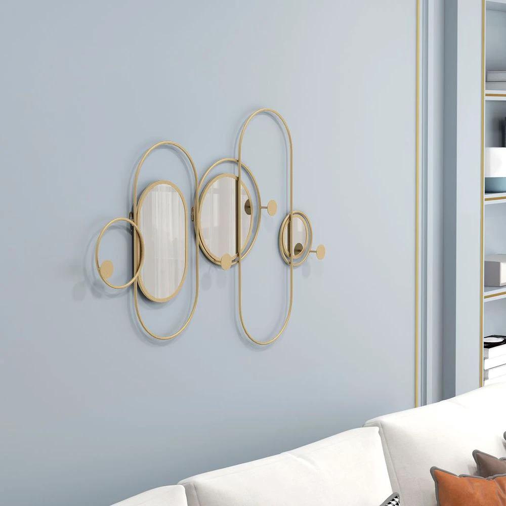 HOMCOM Metal Wall Art with Mirrors, Coat Hooks, Decorative Mirror Decor, Gold - Uncategorized Wall Art