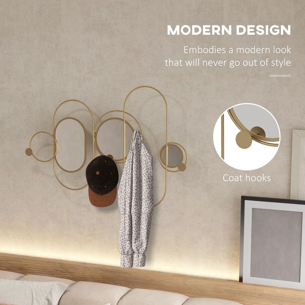 HOMCOM Metal Wall Art with Mirrors, Coat Hooks, Decorative Mirror Decor, Gold - Uncategorized Wall Art