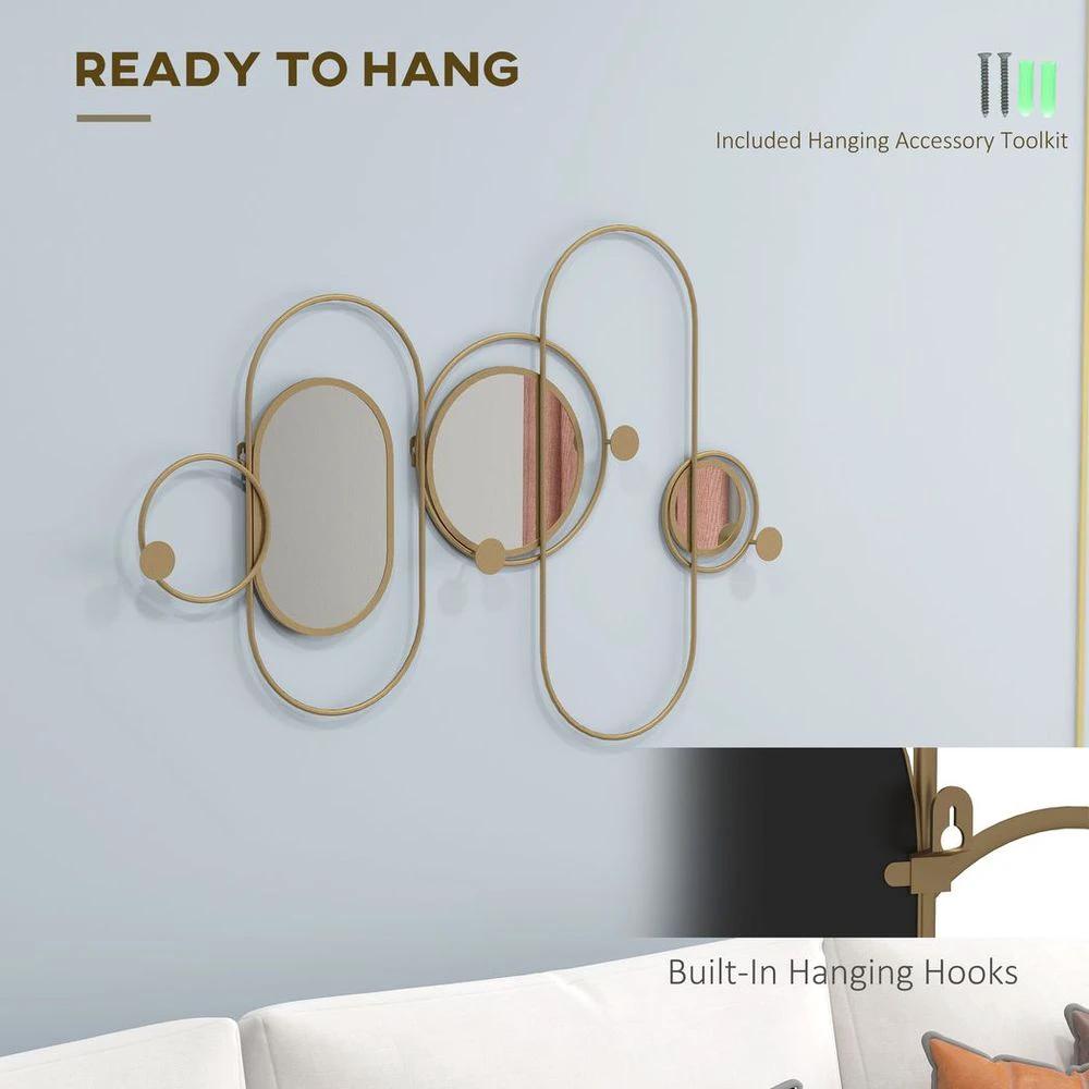 HOMCOM Metal Wall Art with Mirrors, Coat Hooks, Decorative Mirror Decor, Gold - Uncategorized Wall Art