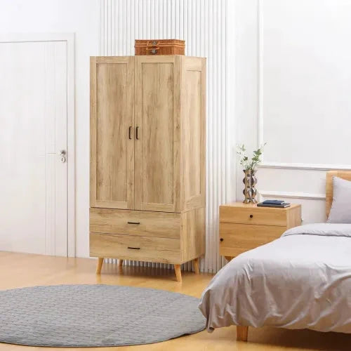 HOMCOM 2 Door Wardrobe, Modern Wardrobe w/ 2 Drawer, Hanging Rail for Bedroom Natural - Wardrobe