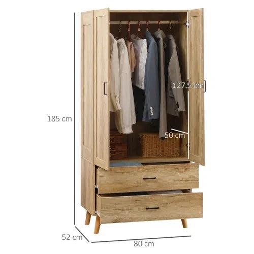 HOMCOM 2 Door Wardrobe, Modern Wardrobe w/ 2 Drawer, Hanging Rail for Bedroom Natural - Wardrobe